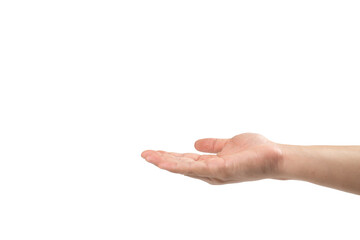 Asian man hand is handing up to receive somthing on white background. Clipping path