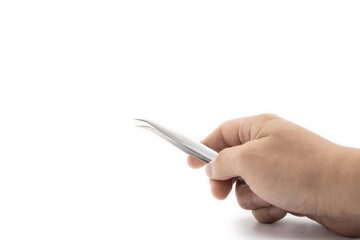 Tweezer is held by asian's man on white background in studio light. Clipping Path.