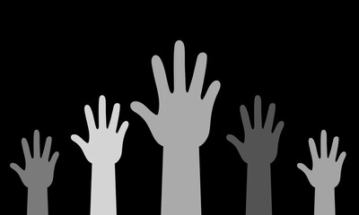  silhouettes raised up different hands. Raised hands silhouette isolated.Hands Raised Up - Symbol of Freedom the Choice, Fun. gray hands up over square background. multicolor, black