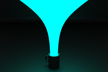 3D rendering. Сlose-up of a medium-sized mug of black tea and coffee in blue  a blue flow of water conceptually drops on a black isolated background. Thermal mug visualization