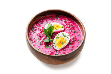 Summer Cold beetroot soup with fresh vegetables and boiled egg. isolated on white background