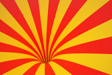 3d illustration yellow-red funnel. Striped colorful abstract background. Background pop arts design concept,website,business,abstract. Magic illustration sunshine