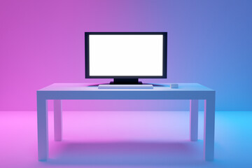 3d illustration of a large flat tv stands on a white coffee table on a blue-pink background. A place for home relaxation