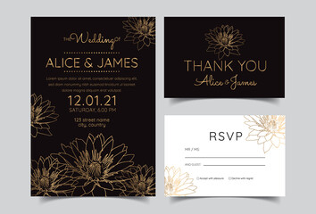 wedding invitation card templates decorated with beautiful blooming lotus flowers, buds and leaves hand drawn with golden contour lines on white background. Natural vector illustration.