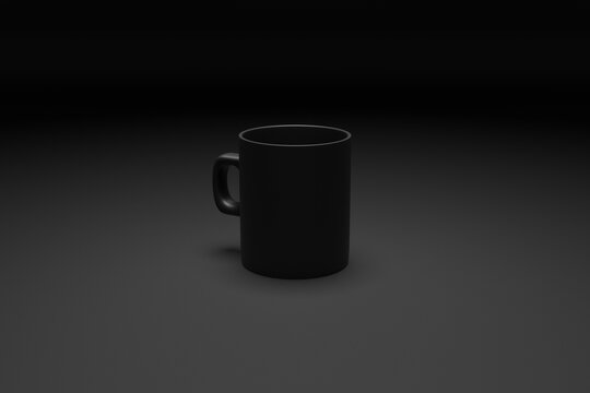 3D rendering. Сlose-up of the medium sized black tea and coffee mug on black isolated background. Render of a thermal cup