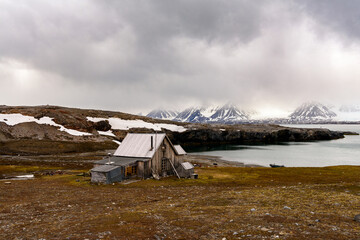 Wooden house in New London mining settlement, Svalbard archipelago