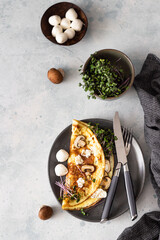 Classic egg omelette or omelet served with mushrooms, mozzarella and microgreens on black ceramic plate. Breakfast. Light grey stone background.