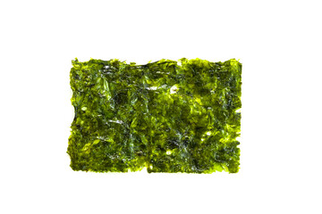 Green seaweed chips, isolated on a white background. Korean healthy snack, healthy food. Close-up view.