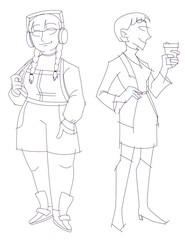 Fototapeta na wymiar Sketch. Two women in modern outfits: one wearing bright clothes, headphones, backpack; second wearing dress, tall boots with heels and holding paper coffee cup.