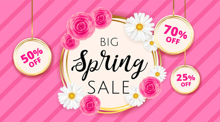 Big Spring sale banner template with camomiles and rose flower on pink stripes background and gold frame. Spring offer ads for e-commerce, on-line cosmetics shop, fashion and beauty shop, store