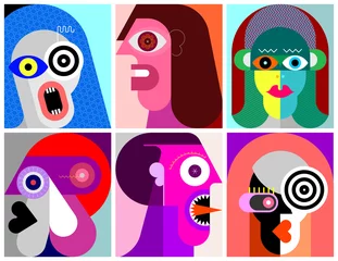 Türaufkleber Sechs Porträts moderne Kunst-Vektor-Illustration. Zusammensetzung von sechs verschiedenen abstrakten Bildern des menschlichen Gesichts. ©  danjazzia