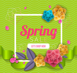 Spring sale blossom flowers with ribbons background cut paper art style for banner, poster, promotion, web site, online shopping, advertising. Vector illustration.