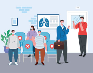 social distance in the waiting room medical, people wearing medical mask, prevention coronavirus covid 19 vector illustration design