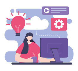 online training, woman with computer website content, education and courses learning digital
