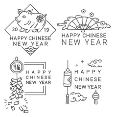 Chinese New Year greeting badge in simple editable thin line style vector illustration