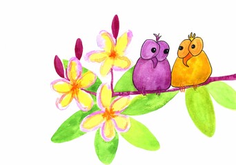 beautiful watercolor illustration of two cartoon funny pink and yellow birds looking at each other sitting on blooming branch of Plumeria with pink and yellow flowers,green leaves isolated on white