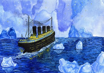 watercolour illustration of the Titanic Ship with 4 pipes and porthole Windows in a blue ocean with icebergs - obrazy, fototapety, plakaty