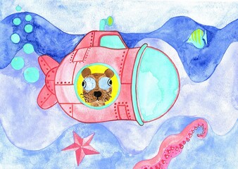 watercolor illustration of a cute funny dog with bulging eyes in the window of a pink submarine with air bubbles, a starfish, an octopus tentacle in the blue water of the ocean