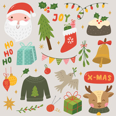 Set of Christmas and new year scrapbook elements, card design, sticker, tag, poster, banner, etc