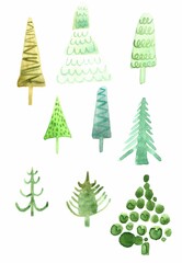 set of watercolor flat abstract Christmas trees  of different colors, sizes and patterns isolated on a white background