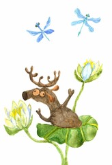 watercolor comical illustration of a funny moose with bulging eyes and outstretched arms floating and sinking in a swamp among water lilies 