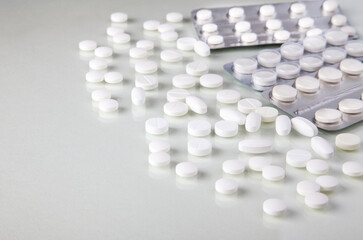 Lots of different medicine: pills, tablets, capsules, pills in blister pack, medications drugs....