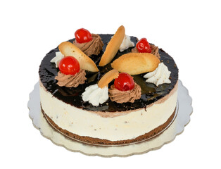Chocolate ice cream cake with cherries and biscuits isolated. 