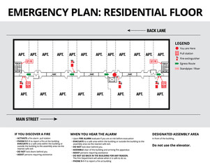 Emergency plan or egress plan. Plan of a residential floor of apartment complex or strata building Detailed text instruction for residents in case of an emergency.  © Petra Richli