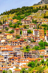 Fototapeta na wymiar It's Arachova, Greece. A village on the green slopes of Parnassus Mountains, Greece