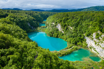 Obraz na płótnie Canvas Aerial view of the lakes on the Plitvice Lakes National Park, Croatia