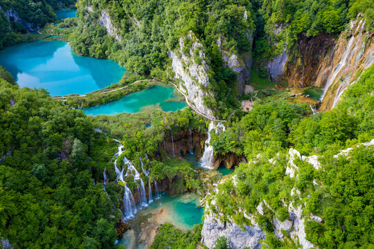 Aerial view of the Sastavci waterfall on the Plitvice Lakes National park Croatia
