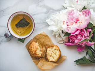 Fresh, fragrant homemade pastries. Close-up, side view. Tasty and healthy eating concept