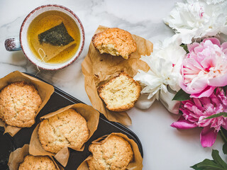 Fresh, fragrant homemade pastries. Close-up, side view. Tasty and healthy eating concept