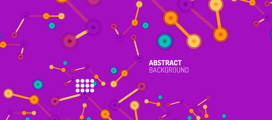 Flat style geometric abstract background, round dots or circle connections on color background. Technology network concept.