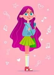 Girl with wireless headphones. Ñute schoolgirl on the background of music icons.Cartoon style illustration.