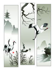 Japanese cranes and fisherman on the lake. Modular illustration in oriental style. Vector. Hieroglyphs  - Beauty in nature.