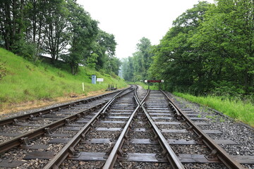 The view along the railway track on the historic Keighley and Worth Valley Railway in Northern England.