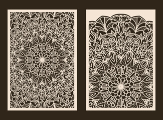 Set of 2 Wedding Invitation or greeting card with lace pattern. Layout congratulatory card with carved openwork pattern. Pattern suitable for laser cutting, plotter cutting or printing. Vector