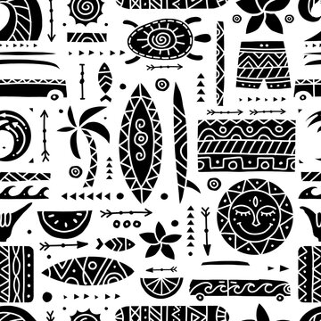 Surfing seamless pattern. Tribal elements for your design