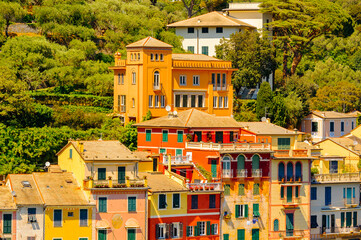 It's Close view of the colorful houses in Portofino, an Italian fishing village, Genoa province,...