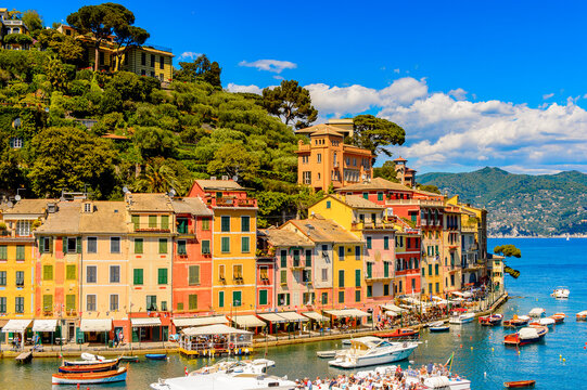 It's Panoramic view of Portofino, is an Italian fishing village, Genoa province, Italy. A vacation resort with a picturesque harbour and with celebrity and artistic visitors.