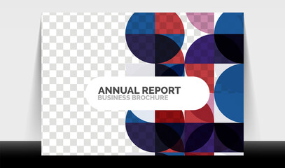 Horizontal A4 business flyer annual report template, circles and triangle style shapes modern geometric design for brochure layout, magazine or booklet