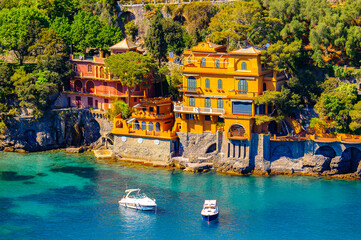 It's Aerial view of Portofino, an Italian fishing village, Genoa province, Italy. A vacation resort...
