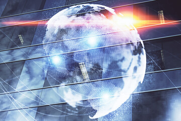 Double exposure of business theme hologram drawing and city veiw background. Concept of success.