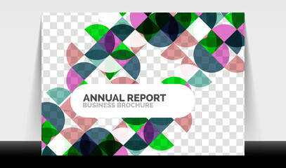 Horizontal A4 business flyer annual report template, circles and triangle style shapes modern geometric design for brochure layout, magazine or booklet