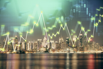 Financial graph on night city scape with tall buildings background multi exposure. Analysis concept.