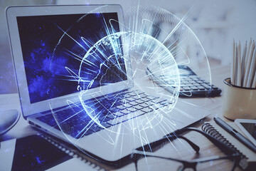 Double exposure of business theme icons and work space with computer background. Concept of success.