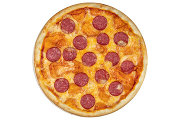 Pizza with salami and cheese. View from above. On a white isolated background
