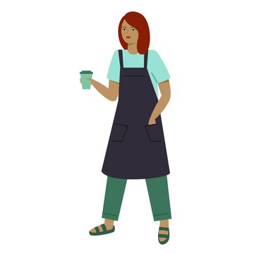A young woman in an apron holds in her hand a cup of coffee. Barista girl.