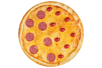 Pizza with salami, tomatoes and cheese. View from above. On a white isolated background